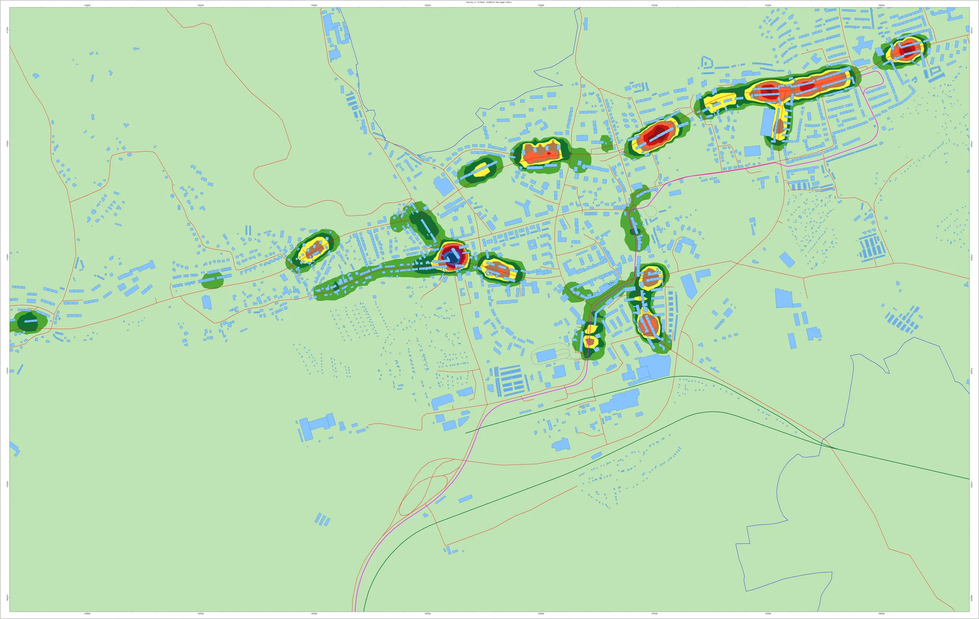Hotspotová mapa kombinované hlukové zátěže v Litvínově v denní době