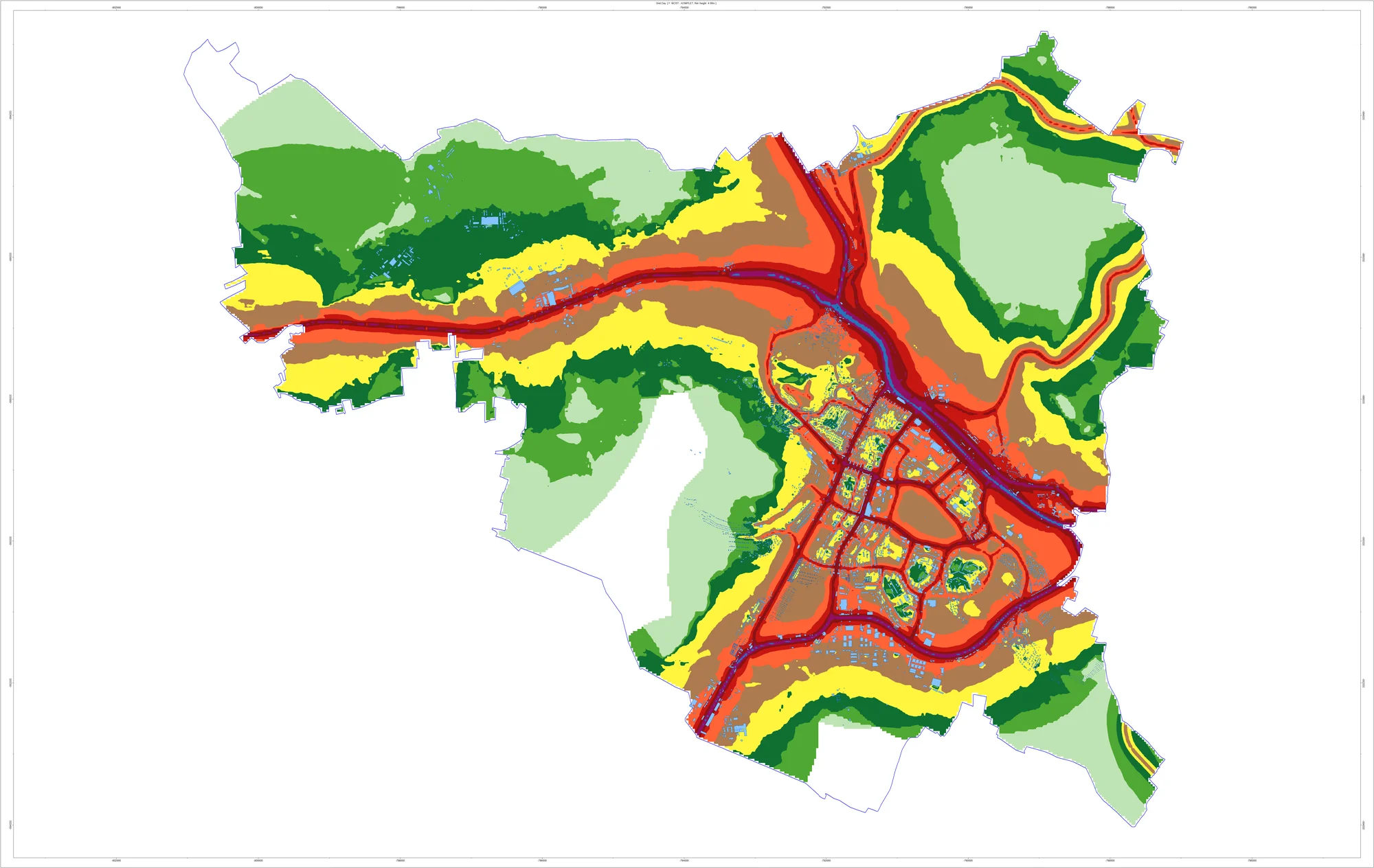 Izofonová mapa kombinované dopravní hlukové zátěže v Mostě v denní době